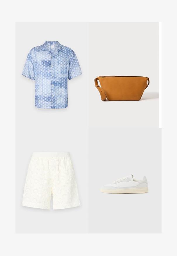 120% Lino SHORT SLEEVE REGULAR FIT MEN SHIRT - Košeľa - washed blue; Biele šortky s textúrovaným kvetinovým vzorom, elastickým pásom a rozstrapkanými okrajmi. Vyrobené z ľahkej tkaniny, vhodné na teplé počasie.; Biela teniska s jemne štruktúrovaným zvrškom zo semišu a kože. Má zaoblenú špičku, viazanie na šnúrky a kontrastnú béžovú gumovú podrážku.; Svetlohnedá kožená crossbody taška s nastaviteľným popruhom a zipsovým uzáverom, zobrazená na jednoduchom svetlom pozadí.