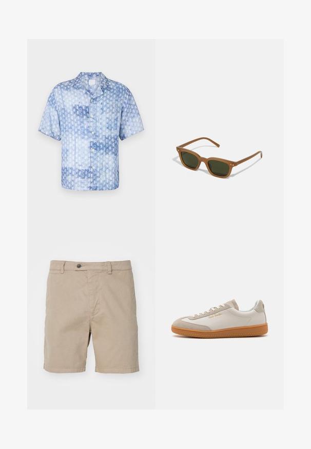 120% Lino SHORT SLEEVE REGULAR FIT MEN SHIRT - Hemd - washed blue; Tiger of Sweden CAID - Shorts - moon stone; Weiße und beigefarbene Low-Top-Sneaker mit Gummisohle, weißen Schnürsenkeln, Wildleder-Details und goldenem "Paul Smith"-Logo an der Seite.; Braune Acetat-Sonnenbrille mit dunkelgrünen Linsen, rechteckiger Form und goldenen Akzenten an den Bügeln. Glatte Textur, minimalistisches Design.