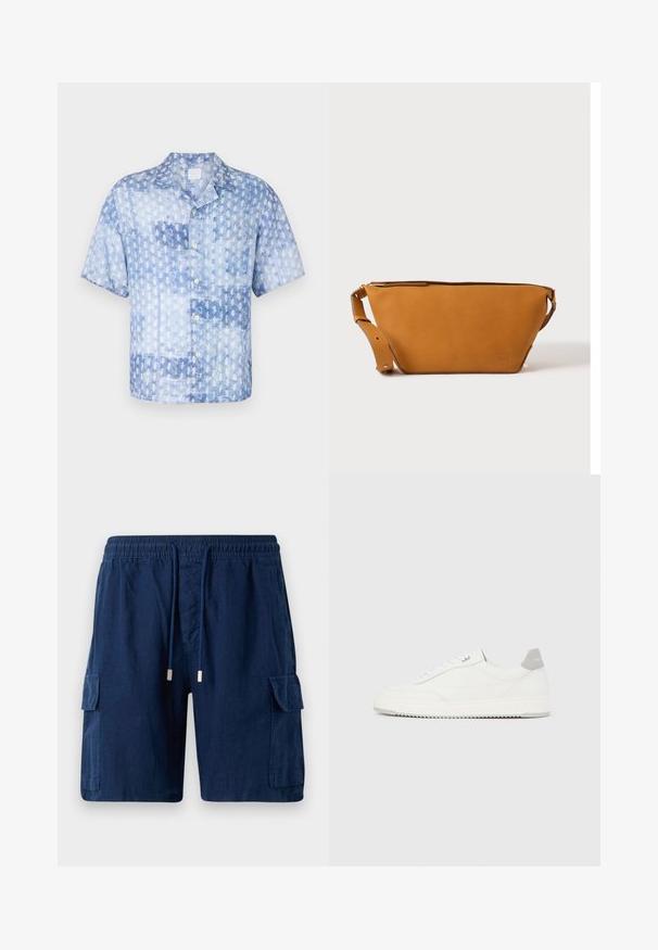 120% Lino SHORT SLEEVE REGULAR FIT MEN SHIRT - Hemd - washed blue; Marineblaue Cargo-Shorts aus leichtem Material, mit einem elastischen Bund und Kordelzug, zwei Seitentaschen und einer Beintasche.; Weißer Sneaker mit niedrigem Schaft, grauem Fersenlaschen, weißen Schnürsenkeln und einer strukturierten Sohle, dargestellt vor einem schlichten hellen Hintergrund.; Hellbraune Leder-Umhängetasche mit verstellbarem Schulterriemen und Reißverschluss, vor einem schlichten hellen Hintergrund gezeigt.