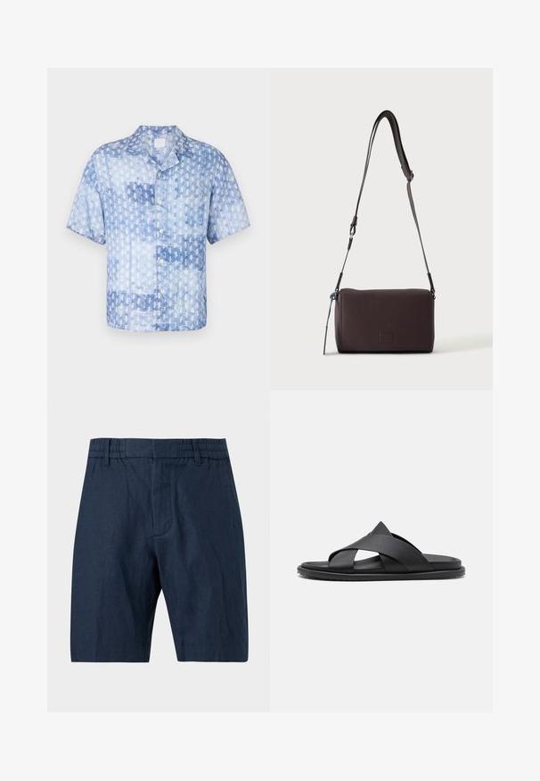 120% Lino SHORT SLEEVE REGULAR FIT MEN SHIRT - Pluus - washed blue; Tumesinised põlvpikad lühikesed püksid elastse vöökohaga ja vööaasadega, valmistatud tekstuurse kangast, kujutatud ühevärvilise tausta ees.; Stuart Weitzman BERKLEY - Tagant lahtised kingad - black; Tumepruun tekstureeritud nahast üle õla kantav kott, reguleeritava rihmaga ja väikese sinise dekoratiivse aktsendiga küljes.