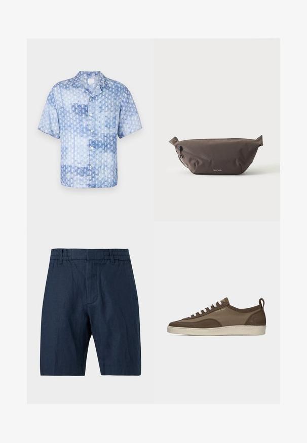 120% Lino SHORT SLEEVE REGULAR FIT MEN SHIRT - Košeľa - washed blue; Tmavomodré krátke nohavice po kolená s elastickým pásom a pútkami na opasok, vyrobené z textúrovaného materiálu, zobrazené na jednoduchom pozadí.; Nízky hnedý tenisky s bielymi šnúrkami, béžovou podrážkou, textilným a semišovým zvrškom, bočným ťahacím pásikom a logom "Tiger of Sweden" v zlatom písme.; Tmavohnedá látková ľadvinka s diagonálnym zipsovým vreckom a malým bielym logom vpredu, na jednofarebnom svetlom pozadí.