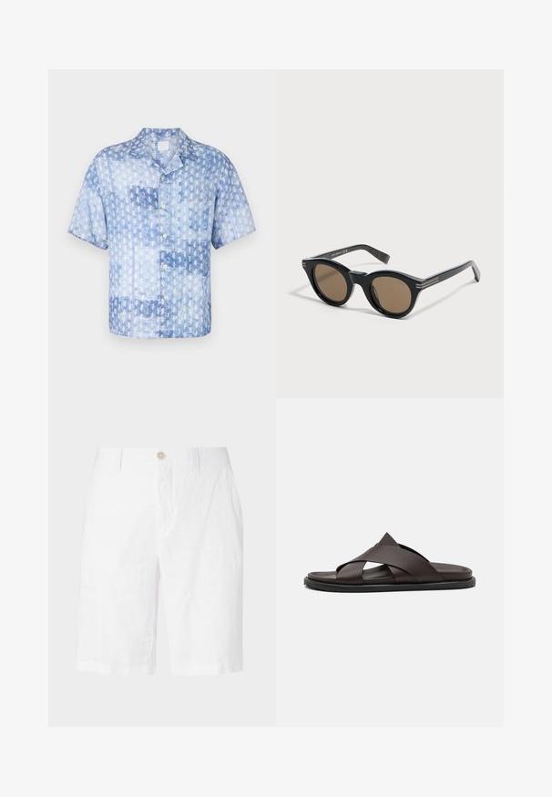 120% Lino SHORT SLEEVE REGULAR FIT MEN SHIRT - Hemd - washed blue; Weiße Leinen-Shorts mit Knopfverschluss, im entspannten Schnitt, gerader Passform und ohne sichtbare Muster oder Akzente. Glatte Textur.; Stuart Weitzman BERKLEY - Pantolette flach - espresso; Schwarze runde Sonnenbrille mit dicken Rahmen und braunen Gläsern, leicht nach rechts geneigt auf einer weißen Oberfläche platziert.