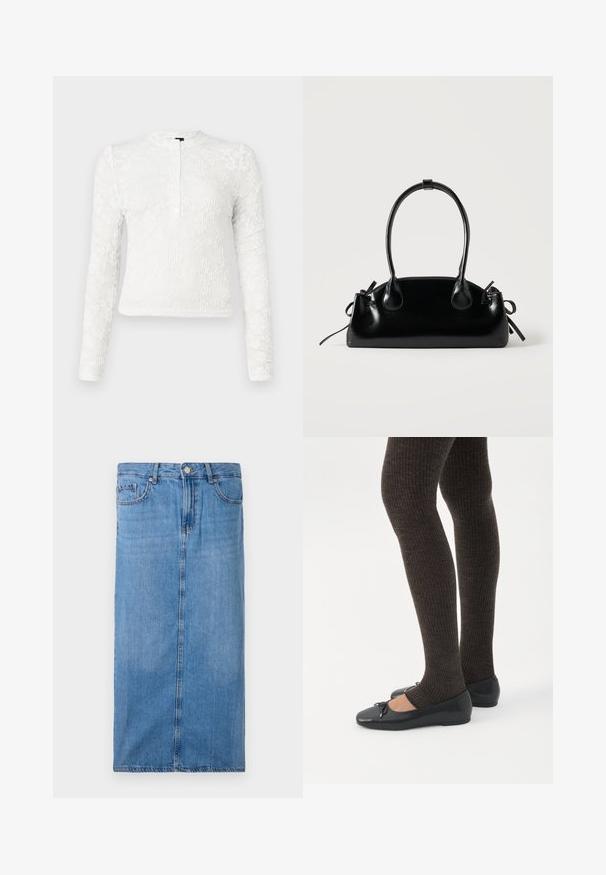 Camisa blanca de manga larga con un patrón floral texturizado, cuello redondo y una tapeta con dos botones en la parte delantera.; Falda midi de mezclilla en azul claro, con silueta recta, costura frontal y cintura estándar con cinco pasadores para cinturón y cierre de botón de metal.; Piernas con leggings oscuros acanalados combinados con bailarinas negras que presentan pequeños detalles de lazo sobre un fondo blanco.; Pequeño bolso negro brillante con dos asas largas y detalles de cordón lateral sobre un fondo claro liso.