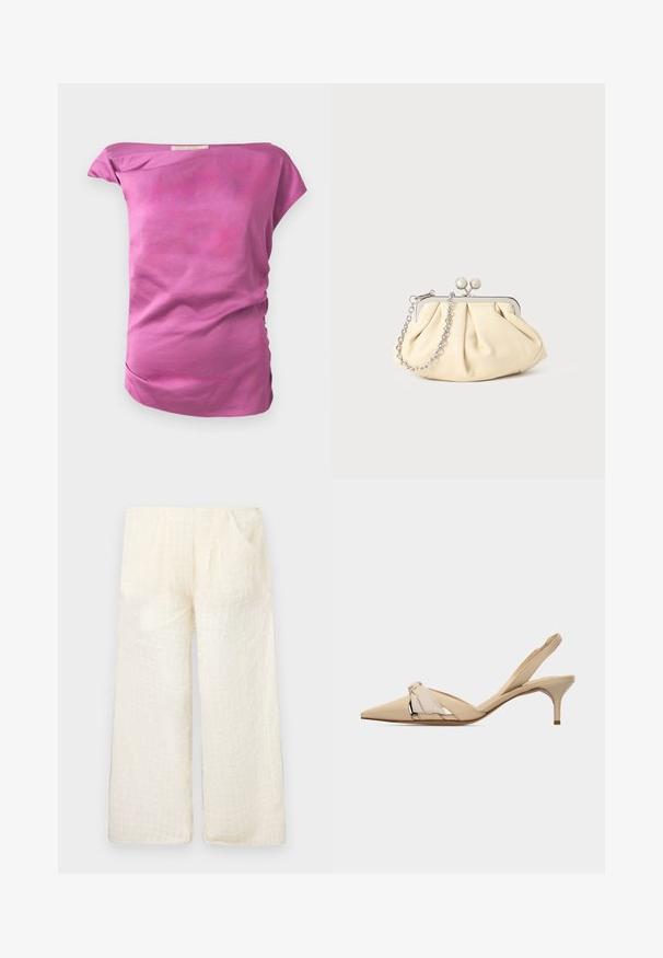 Top ajusté, décolleté décalé en tissu léger rose pâle avec une texture lisse. Présente un léger fronce sur un côté et un ourlet courbé.; Pantalons larges légers de couleur crème avec un motif en grille texturé et deux poches latérales, offrant une coupe décontractée et un tissu doux.; Chaussure beige à bouts pointus avec bride arrière, talon kitten bas et fin, et nœud décoratif sur la tige.; Pochette en cuir beige plissé avec un cadre en métal argenté, dotée de deux fermoirs ronds décoratifs et d'une chaîne en argent.