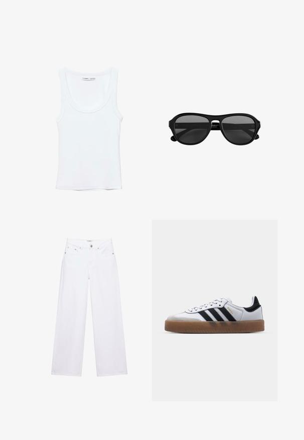 Schlichtes weißes ärmelloses Tanktop mit Rundhalsausschnitt, aus weichem Stoff, Etikett im Kragen zeigt Marken- und Größenangaben.; Weiße, hoch taillierte Jeans mit weitem Bein, Knopf- und Reißverschluss, Taschen vorne und hinten sowie silbernen Nieten.; Weiße Leder Sneakers mit schwarzen Streifen, Gummigummi-Außensohle, runder Zehenform, Schnürverschluss und weichem grauem Wildleder-Zehenkappe.; Schwarze Sonnenbrille mit Kunststoffrahmen, dunkel getönten Gläsern und schmaler Brücke, von vorne vor weißem Hintergrund gezeigt.
