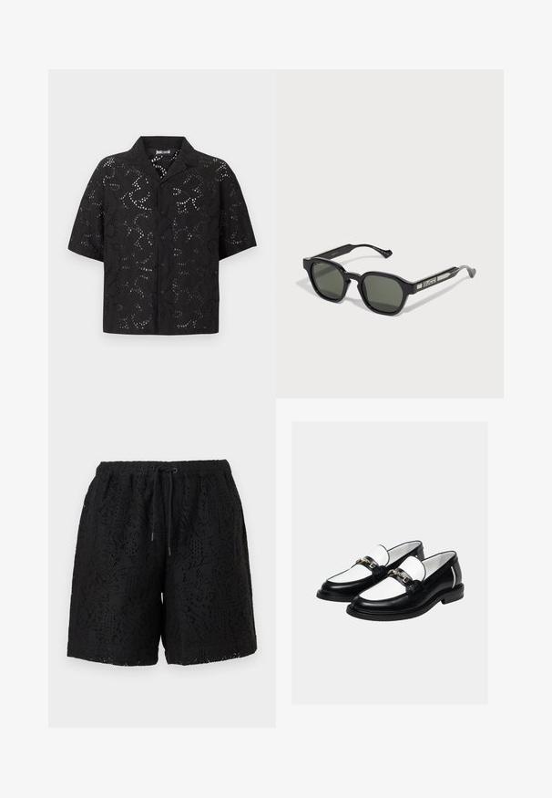 Chemise noire à manches courtes avec motif floral en découpe et col classique, présentée sur un fond uni.; Shorts en dentelle noire avec taille élastique et cordon noir à nouer, présentant un motif floral en découpe sur tout le tissu.; Paire de mocassins en cuir noir et blanc avec un détail de chaîne dorée sur le dessus, sur un fond clair uni.; Gucci Lunettes de soleil - black/crystal/grey