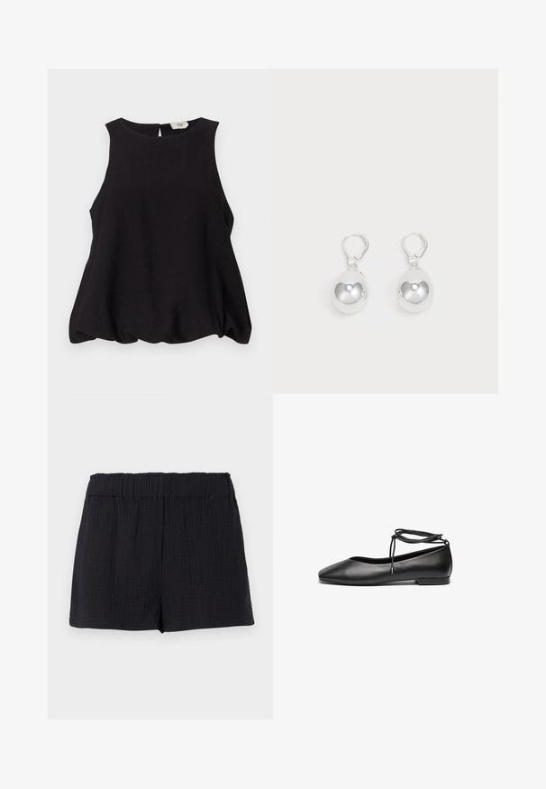 Haut sans manches noir avec un col rond, coupe ample et tissu texturé. Présente une petite ouverture au dos et aucun matériel visible.; Shorts en tissu noir texturé avec une taille élastique et une coupe ample et décontractée.; Ballerines noires en cuir avec un bout pointu, un talon plat et un détail de lacet autour de la cheville. Texture lisse, design minimaliste.; Boucles d'oreilles en argent en forme de goutte avec des surfaces lisses, rondes et réfléchissantes, suspendues à des fermoirs à ressort. L'arrière-plan est blanc uni.