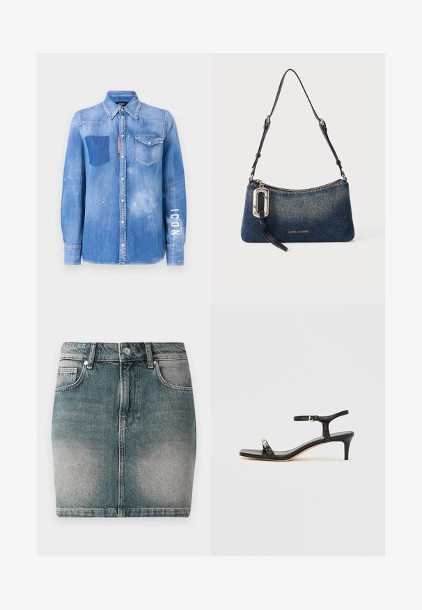 Lichtblauwe denim shirt met een vervaagde afwerking. Heeft een patchzak, een button-down kraag en witte tekst "ICON" op de mouw.; Blauwe denim mini-rok met een voorknop en rits, twee voorzakken en vervaagde details op de dijen.; Zwarte leren sandaal met hak, enkelbandje, open neus, vierkante voorkant en zilverkleurige accenten. Gesloten ontwerp met een slank profiel.; Kleine blauwe denim schoudertas met zwarte verstelbare riem, zilveren gespdetail en Marc Jacobs logo in gouden letters aan de voorkant.