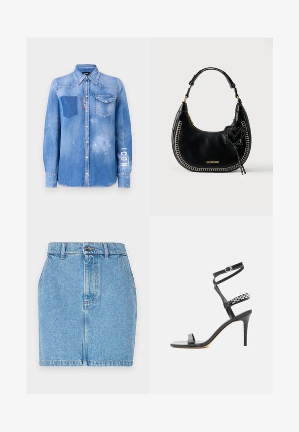 Lichtblauwe denim shirt met een vervaagde afwerking. Heeft een patchzak, een button-down kraag en witte tekst "ICON" op de mouw.; Leren rok in lichtblauw, met een getailleerd ontwerp, een vijfzakkenstijl en contrasterende stiksels. Het materiaal heeft een gestructureerde afwerking.; Zwarte sandaal met hoge hak, smalle enkelband, middenvoetband versierd met zilveren schakels en een open teenontwerp.; Zwarte leren hobo-tas met contrasterende witte stiksels, gebogen vorm, gouden beslag en een decoratieve 'M'-bedel eraan bevestigd.