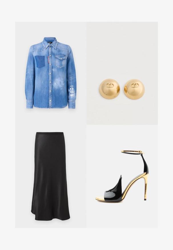 Lysblå denimskjorte med en falmet finish. Har en lomme på brystet, knapkrave og hvid tekst "ICON" på ærmet.; Sort satin midi nederdel med lige taljebånd og svag vidde ved kanten, vist mod en hvid baggrund.; Sort laklæder høje hælsandal med gyldent stiletthæl, gyldent ankremed spænde og åben tå-design.; Guldtonede metaløreringe med en rund kuppelform. Hver enkelt har et logo prentet på den glatte overflade, der subtilt reflekterer lyset.
