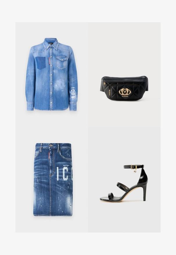 Lysblå denimskjorte med en falmet finish. Har en lomme på brystet, knapkrave og hvid tekst "ICON" på ærmet.; Mørkeblå denimnederdel med slidte detaljer, lyse blegede pletter og trykte bogstaver. Har standard talje og lynlås lukning.; Sorte patenterede lædersandaler med tre stropper, ankelspænde og 10 cm stiletthæl. Har detaljer i guld og et logo charms.; Sort quiltet læderbæltetaske med guld Love Moschino-logo og lynlåslomme foran på hvid baggrund.