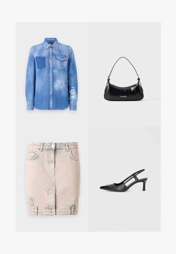 Lysblå denimskjorte med en falmet finish. Har en lomme på brystet, knapkrave og hvid tekst "ICON" på ærmet.; Lys beige denim mininederdel med frontknaplukning, bæltestropper, skrå lommer og diskrete falmede detaljer.; Sort læder slingback-sko med spids tå, der har en blank accent på tåhætten og en mellemhøj hæl. Åben sidesektion.; Sort læder skuldertaske med guldfarvet lynlås og "LOVE MOSCHINO" logo foran, med et buet top håndtag.