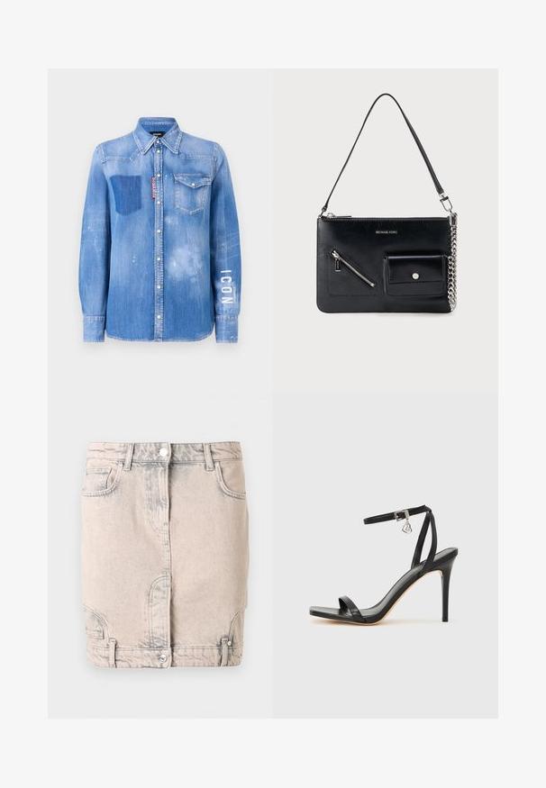 Lichtblauwe denim shirt met een vervaagde afwerking. Heeft een patchzak, een button-down kraag en witte tekst "ICON" op de mouw.; Lichtbeige denim minirok met knoopsluiting aan de voorkant, riemlussen, schuine zakken en subtiele vervaagde details.; Zwarte sandaal met hoge hak, smalle enkelband, vierkante neus, soepel leermateriaal en metalen gespsluiting.; Zwarte leren schoudertas van Michael Kors met een bovenste rits, een diagonale voorzak met rits, een klepzak met drukknop en een zilverkleurig kettinkdetail.