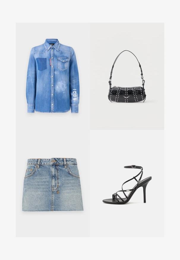 Lysblå denimskjorte med en falmet finish. Har en lomme på brystet, knapkrave og hvid tekst "ICON" på ærmet.; Lys blå denim mini-nederdel med en tætsiddende talje, frontknaplukning og to sidelommer. Har rå kanter og kontrasterende syninger.; Sort højhælet sandal med tynde stropper, en ankelspænde, en glat læderoverflade og en slank stilethæl.; Sort skuldertaske i laklæder med sølvnitter i lodrette rækker og et lille sølvfugleemblem midt på fronten.