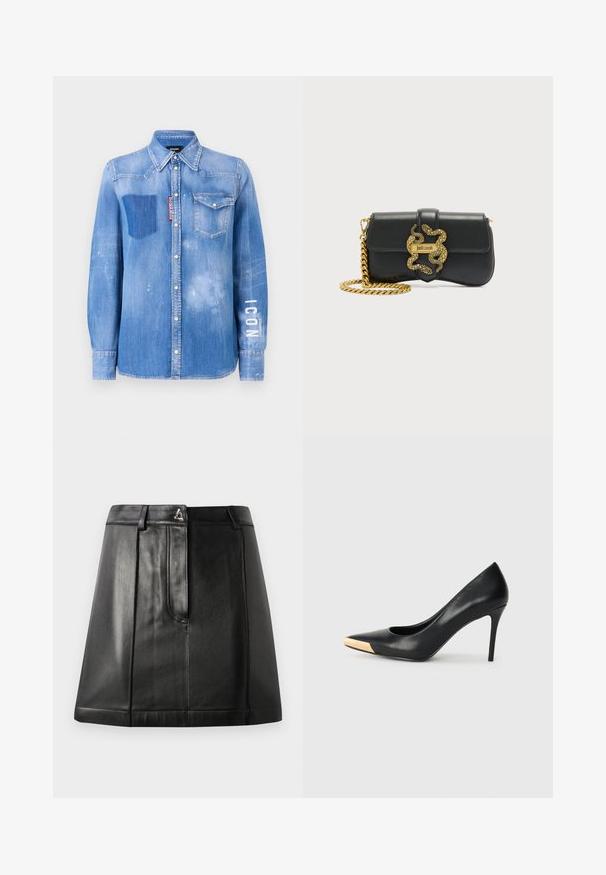 Lysblå denimskjorte med en falmet finish. Har en lomme på brystet, knapkrave og hvid tekst "ICON" på ærmet.; Sorte læderskirt med en struktureret form, der har en frontlomme og en metalaccent i taljen. Glat tekstur og broderede detaljer.; Sort læder stiletter med spids tå; har et metalisk guldakcent på tåkapperne. Glat overflade med et strømlinet design.; Sort skuldertaske i læder med guld kæderem og dekorativ spænde formet som en slange med "Just Cavalli" logo.