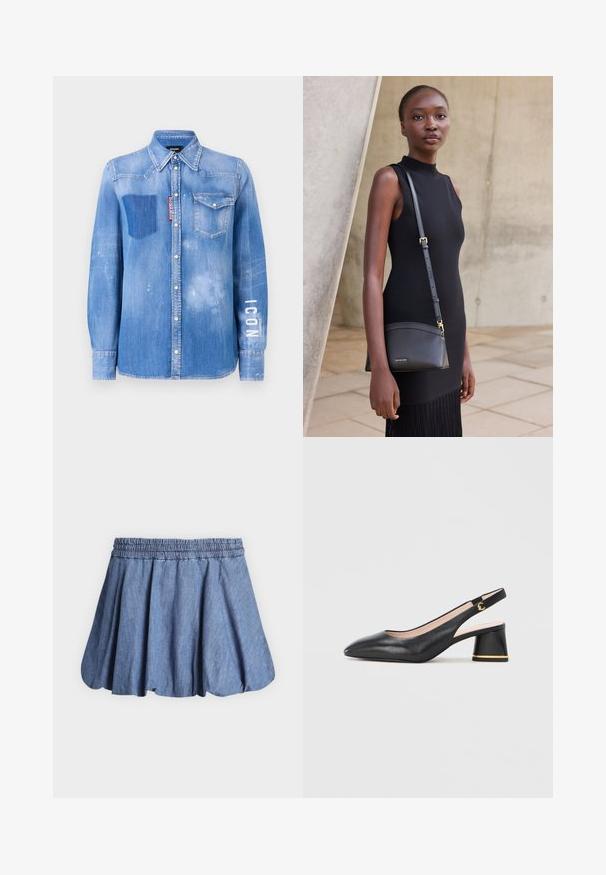 Lysblå denimskjorte med en falmet finish. Har en lomme på brystet, knapkrave og hvid tekst "ICON" på ærmet.; Blå chambray stof nederdel med elastisk talje og lette folder, vist mod en ensartet lys baggrund.; Sort læder slingback-sko med spids tå og lav blokhæl. Har en guldfarvet detalje på hælen og en glat overflade.; Ung kvinde i en ærmeløs sort kjole med en sort læder crossbodytaske, stående mod en lys betonvæg.