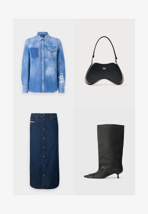 Lysblå denimskjorte med en falmet finish. Har en lomme på brystet, knapkrave og hvid tekst "ICON" på ærmet.; Denimnederdel i mørkeblå farve med knapper foran og to lommer. Har en lige pasform og rundet kant. Holdbart stof.; Sort læder ankelstøvle med spidse tå, lille hæl og metallisk detalje på tæerne. Glat, mat overflade hele vejen igennem.; Sort håndtaske i kunstlæder med en unik buet form, kort håndtag og et sølvfarvet logodetalje foran. Glat tekstur, minimalistisk design.