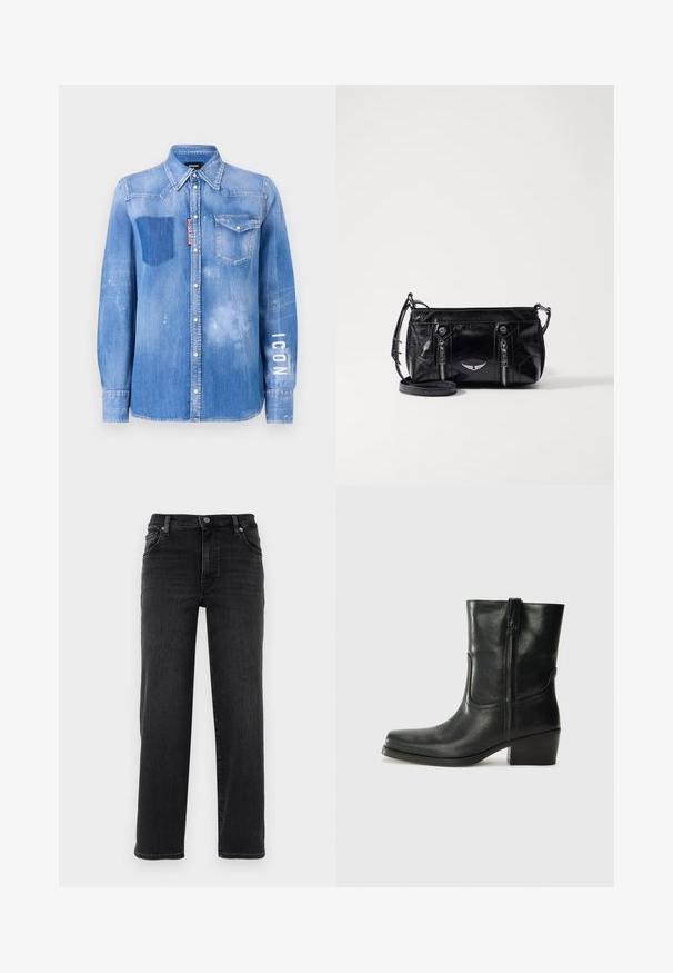 Lysblå denimskjorte med en falmet finish. Har en lomme på brystet, knapkrave og hvid tekst "ICON" på ærmet.; Sorte denim jeans med lige pasform. Har en knaplukning, fem-lomme design og minimale syninger. Glat tekstur.; Sort læder ankelstøvle med rundt tå, blokhæl, lynlås i siden og stikninger på vampsiden. Glat tekstur, klassisk design.; Sort faux læder crossbody taske med lynlåslommer, et dekorativt sølv emblem og en justerbar rem. Glossy tekstur og kompakt form.