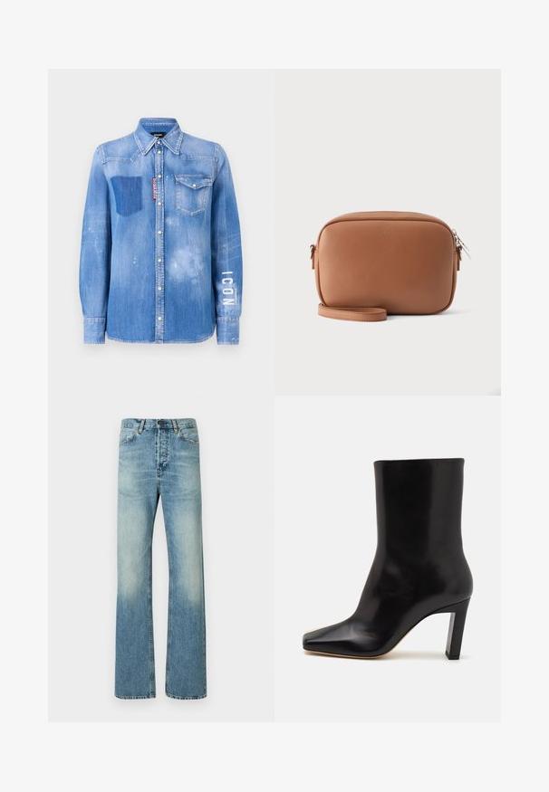 Lichtblauwe denim shirt met een vervaagde afwerking. Heeft een patchzak, een button-down kraag en witte tekst "ICON" op de mouw.; Lichtblauwe denim jeans met een hoge taille, brede pijpen en subtiele vervaging. Voorzien van stikdetails en een standaard knoopsluiting.; Zwarte leren enkellaars met een spitse neus, taps toelopende blokhak en een gladde textuur, met een slanke silhoutte en een minimaal ontwerp.; Camelkleurige leren crossbodytas met een eenvoudige rechthoekige vorm, zilverkleurige rits en een dunne, bijpassende band, getoond tegen een witte achtergrond.