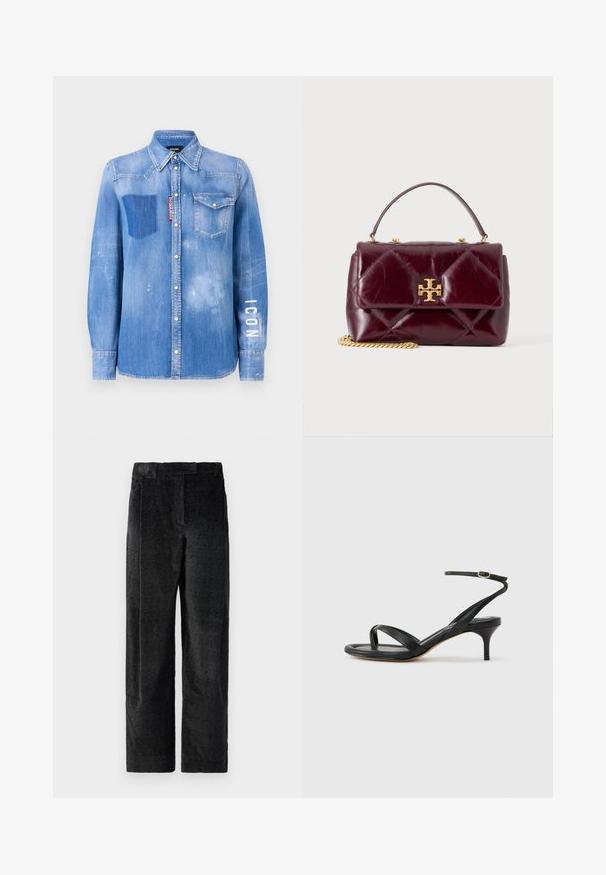 Lysblå denimskjorte med en falmet finish. Har en lomme på brystet, knapkrave og hvid tekst "ICON" på ærmet.; Sorte, strukturerede bredbenede bukser med en markant vævning, der har forfrits og en flad talje. Klassisk design for alsidighed.; Sort damesandal i læder med tynde remme, en tå-loop, ankelspænde og en mellemhøj stiletthæl på en neutral baggrund.; Mørkerød quiltet lædertaske med guldkæde og guldlås med logo på frontklappen, med topgreb.