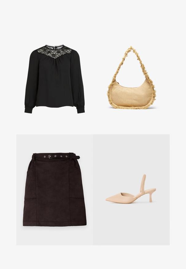 Blusa negra de manga larga con yugo de encaje, frente plisado y puños elásticos. Cuello con detalles de bordes ondulados. Textura de tejido suave.; Mini falda de ante marrón con cintura ceñida, que presenta bolsillos laterales y detalles de costura. Textura suave con un diseño limpio y minimalista.; Zapato slingback beige de punta afilada con un tacón cuadrado bajo. Material sintético suave, lados abiertos y detalles de diseño minimalistas.; Bolso beige texturizado con forma redondeada, con un borde deshilachado a lo largo de los lados y una correa corta para llevar. Apertura con cremallera en la parte superior.