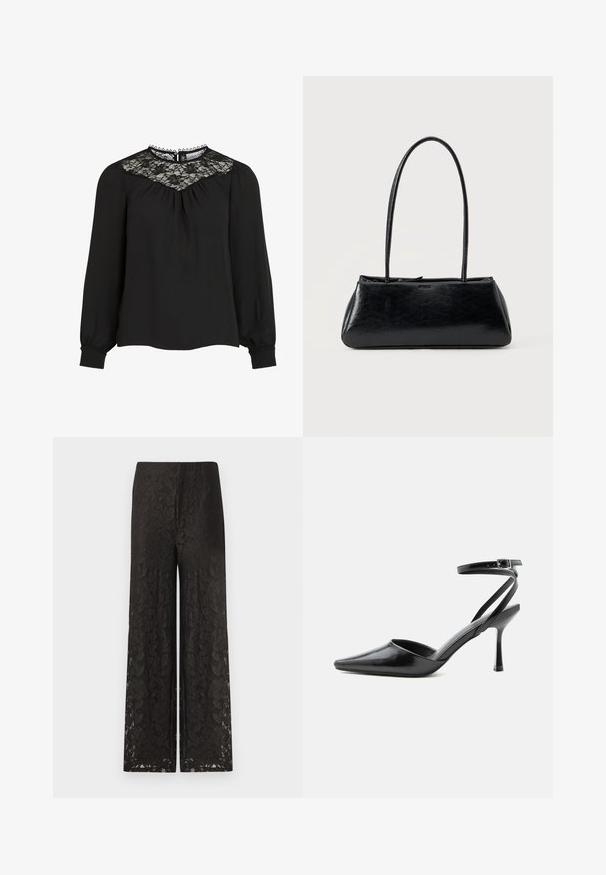 Sorte langærmede bluse med blonder i yoke, plisseret front og elastiske manchetter. Detaljeret halsudskæring med takkede kanter. Glat tekstur.; Sorte blonde bukser med vid ben, der har et blomstermønster, struktureret overflade, høj talje og en løs pasform for komfort og stil.; Sort spids højhælet sko med tynde ankelremme og sølvspænde på en ensfarvet lys baggrund.; Sort rektangulær skuldertaske med lange tynde stropper og en glat, blank tekstur på en ensfarvet baggrund.