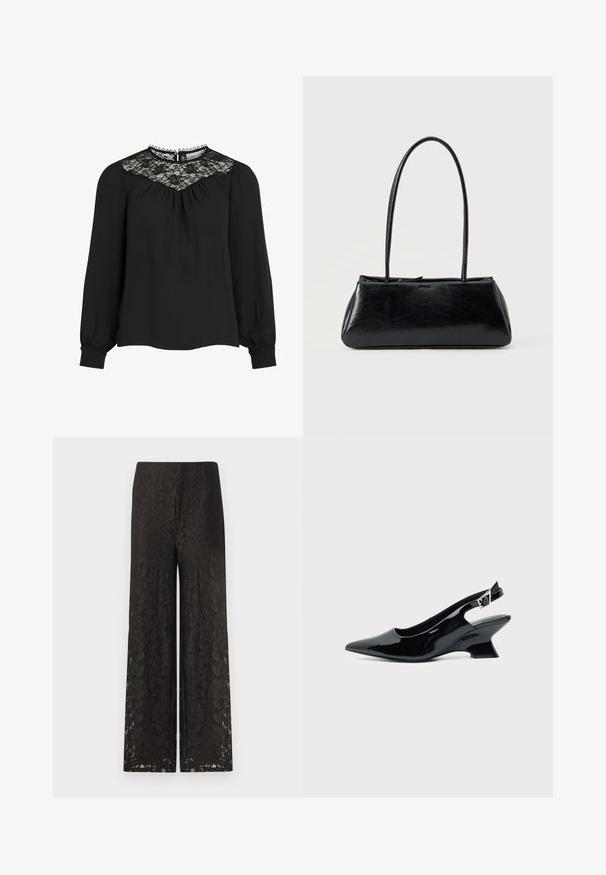 Blusa negra de manga larga con yugo de encaje, frente plisado y puños elásticos. Cuello con detalles de bordes ondulados. Textura de tejido suave.; Pantalones de pierna ancha de encaje negro con un patrón floral, superficie texturizada, cinturilla alta y un corte suelto para mayor comodidad y estilo.; Zapato slingback de cuero charol negro con puntera puntiaguda y tacón bajo en bloque inclinado sobre fondo claro liso.; Bolso de hombro rectangular negro con correas largas y delgadas y una textura lisa y brillante sobre un fondo liso.