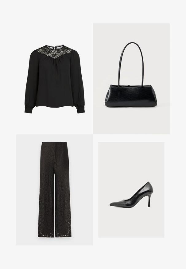 Blusa negra de manga larga con yugo de encaje, frente plisado y puños elásticos. Cuello con detalles de bordes ondulados. Textura de tejido suave.; Pantalones de pierna ancha de encaje negro con un patrón floral, superficie texturizada, cinturilla alta y un corte suelto para mayor comodidad y estilo.; Zapato de tacón alto de charol negro con puntera puntiaguda y tacón delgado sobre un fondo blanco, mostrado de perfil derecho.; Bolso de hombro rectangular negro con correas largas y delgadas y una textura lisa y brillante sobre un fondo liso.