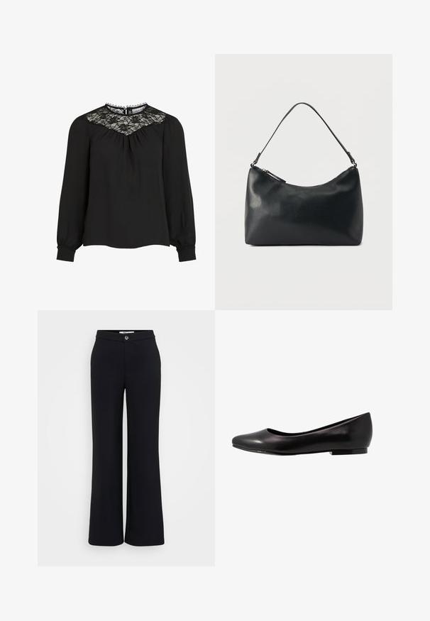 Blusa negra de manga larga con yugo de encaje, frente plisado y puños elásticos. Cuello con detalles de bordes ondulados. Textura de tejido suave.; Pantalones de pierna ancha en negro, hechos de una tela suave, con cierre de botón en la parte delantera, trabillas para cinturón y costuras discretas para un diseño limpio.; Bailarina negra hecha de cuero brillante con puntera redondeada y suela baja y plana. Tiene una textura suave con un diseño simple y elegante.; Bolso de hombro de cuero negro texturizado con cremallera curva en la parte superior y una sola correa ajustable sobre un fondo liso.