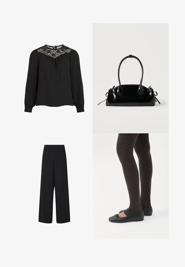 Sorte langærmede bluse med blonder i yoke, plisseret front og elastiske manchetter. Detaljeret halsudskæring med takkede kanter. Glat tekstur.; Black wide-leg cropped bukser med høj talje og sidelommer, med subtile lodrette sømdetaljer.; Ben iført mørke ribbede leggings kombineret med sorte balletsko med små sløjfedetaljer på hvid baggrund.; Lille sort blank håndtaske med to lange håndtag og snøre-detaljer i siden på en ensfarvet lys baggrund.