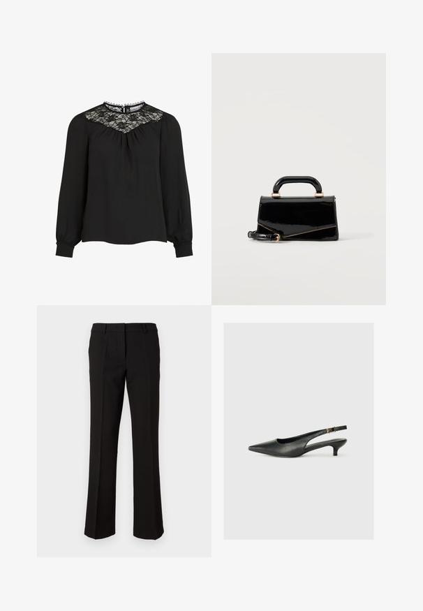 Blusa negra de manga larga con yugo de encaje, frente plisado y puños elásticos. Cuello con detalles de bordes ondulados. Textura de tejido suave.; Pantalones negros con un diseño de pierna recta, hechos de una tela suave, con un frente plano, lazos para cinturón y sin bolsillos visibles.; Zapato de tacón slingback negro de punta afilada, hecho de cuero suave. Presenta un tacón delgado y un detalle de hebilla en la correa ajustable.; Bolso rectangular negro brillante con asa superior, herrajes dorados y correa desmontable, colocado sobre un fondo claro y sencillo.