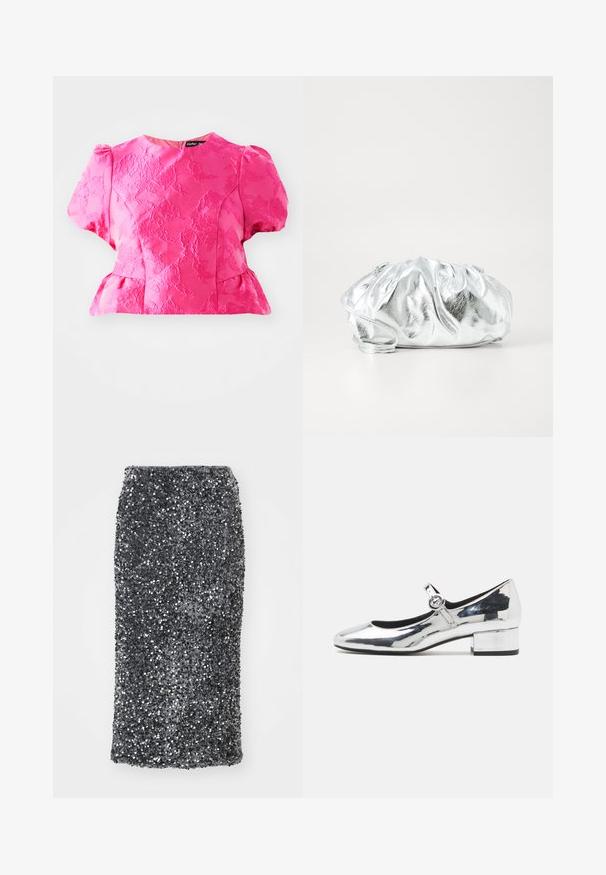 Ružová textúrovaná blúzka s krátkymi puff rukávmi, peplum pásom a okrúhlym výstrihom. Obsahuje vyšívaný vzor a zapínanie na zips na chrbte.; Sukňa ceruzka z flitrov v tmavosivej farbe s priliehavým strihom. Povrch pokrytý trblietavými, guľatými flitrami pre textúrovaný vzhľad.; Strieborné lakované Mary Jane topánky s okrúhlou špičkou, remienkom okolo členka a nízkym blokovým podpätkom. Hladký, reflektívny povrch s minimálnym šitím.; Metalická strieborná kabelka na rameno s mäkkým, zbieraným telom a tenkým ramenným popruhom. Má hladký, lesklý povrch a okrúhly tvar.