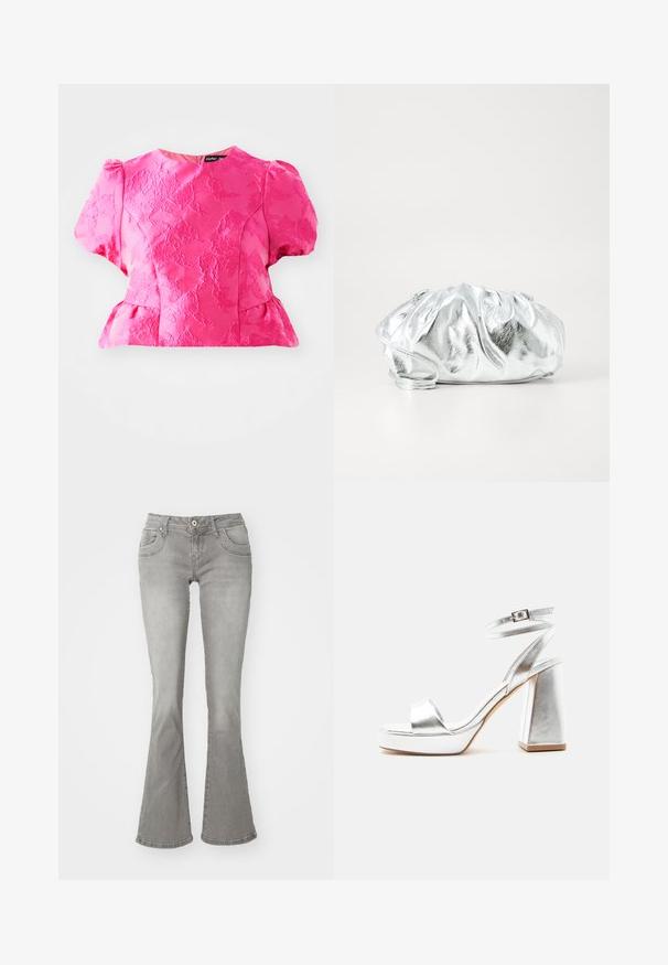 Blouse rose texturée avec de courtes manches bouffantes, une taille peplum et un col rond. Elle présente un motif brodé et une fermeture éclair dans le dos.; Jeans gris évasés avec une taille mi-haute, poches avant et fermeture à bouton, fabriqués en denim avec une texture lisse.; Sandale à talon haut métallique argenté avec bride à la cheville, talon bloc et bout ouvert sur un fond clair uni.; Pochette argent métallique avec un corps doux et froncé et une fine bandoulière. Présente une texture lisse et brillante ainsi qu'une forme arrondie.