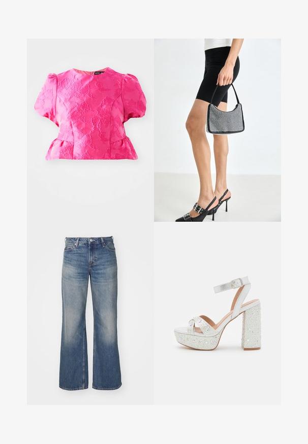 Blouse rose texturée avec de courtes manches bouffantes, une taille peplum et un col rond. Elle présente un motif brodé et une fermeture éclair dans le dos.; Jean en denim bleu clair avec un design à jambes larges, présentant un délavage, cinq poches et un zip à bouton. Surpiqûres détaillées le long des coutures.; Sandales à plateforme blanches avec une finition métallique, présentant deux brides croisées, une bride de cheville et un talon carré orné de gemmes scintillantes.; Sac à main à perles noires avec une silhouette courbée, une poignée de transport et une texture brillante. Porté avec des chaussures à talons hauts noires et un short noir ajusté.