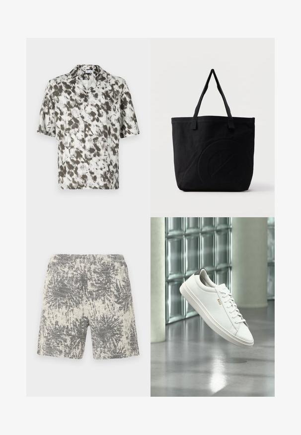 Kurzärmliges Hemd mit Knöpfen aus leichtem Stoff, mit weißem Grund und abstraktem Muster in Schwarz und Grau sowie einem Reverskragen.; Strickshorts in Creme und Schwarz mit einem strukturierten, abstrakten Muster. Der elastische Bund sorgt für Komfort und ein angenehmes Tragegefühl.; Weißer Leder-Low-Top-Sneaker mit Schnürsenkeln, schwarzer Fersenschlaufe und „BOSS“-Logo, der drinnen nahe einer Glassteinwand und einem polierten Boden schwebt.; Schwarze Canvas-Shopper-Tasche mit zwei Schulterriemen und einem dezenten, eingeprägten kreisförmigen Design auf der Vorderseite.
