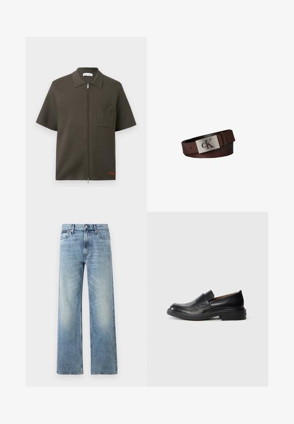 Chemise zippée manches courtes en olive foncé avec une poche poitrine et un col, ornée d'une broderie rouge près de l'ourlet.; Jean droit en denim bleu clair avec taille haute, cinq poches, fermeture à boutons et léger délavage sur les cuisses et les genoux.; Chaussure habillée noire en cuir, à enfiler, avec un petit talon et un logo Calvin Klein discret sur le côté, présentée de profil sur un fond blanc.; Ceinture en cuir marron roulée avec une boucle rectangulaire en argent présentant les lettres "cK" découpées.