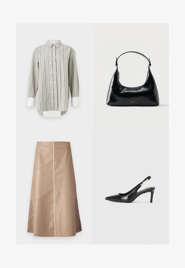 Stribet skjorte i grå og hvid, med klassisk krave, knaplukning med hvide knapper og kontrasterende hvide manchetter. Lange ærmer.; Beige faux læder A-line nederdel med diskrete paneldetaljer og en glat mat overflade, knælang og højliv.; Sort læder slingback højhælede sko med spidse tæer, glat overflade og en smal ankelrem med guldfarvede hardware detaljer.; Sort blank Calvin Klein håndtaske med gyldent lynlås og kort rem mod en ensfarvet hvid baggrund.