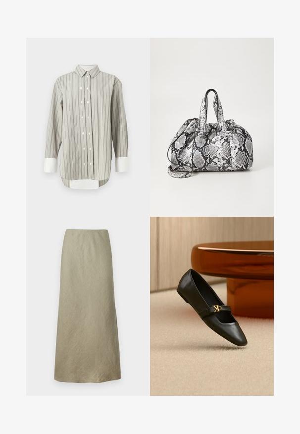 Gestreepte blouse in grijs en wit, met een klassieke kraag, knoopsluiting met witte knopen en contrasterende witte manchetten. Lange mouwen.; Knielange A-lijnrok van zacht, olijfgroen stof met een subtiele textuur en zonder zichtbare sluitingen of versieringen.; Zwarte leren platte schoen met puntige neus en gouden CK-logo op het bandje, geplaatst op een beige tapijt bij een ronde amberbruine tafel.; Zwart-wit handtas met slangenhuidpatroon, voorzien van twee handvaten, een trekkoordsluiting en een afneembare schouderriem. Hanteert een gladde textuur.