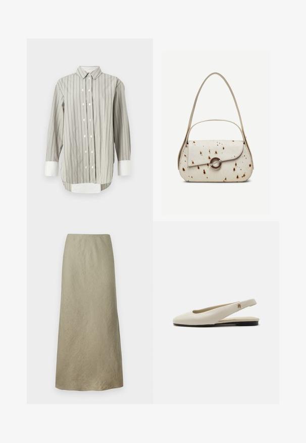 Camisa a rayas en gris y blanco, con un cuello clásico, cierre de botones con botones blancos, y puños en blanco contrastante. Mangas largas.; Falda en línea A hasta la rodilla de suave tela verde oliva con una textura sutil y sin cierres ni adornos visibles.; Zapato plano slingback de cuero color crema con puntera redondeada y pequeño emblema dorado en la correa.; Bolso color crema con motas marrones, solapa curva con cierre metálico circular, con dos correas delgadas, una más larga para llevar al hombro.