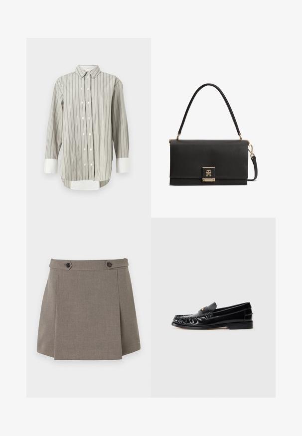 Camisa a rayas en gris y blanco, con un cuello clásico, cierre de botones con botones blancos, y puños en blanco contrastante. Mangas largas.; Minifalda de terciopelo topo con solapa frontal, dos botones negros en la cintura y un sutil detalle del logotipo en el dobladillo.; Mocasines de cuero negro con puntera redondeada, costuras decorativas y un pequeño acento dorado en el empeine. Suela plana de goma, diseño elegante.; Bolso de mano de cuero negro texturizado con asa superior, cierre dorado con el logo entrelazado de TH y una correa para el hombro desmontable.
