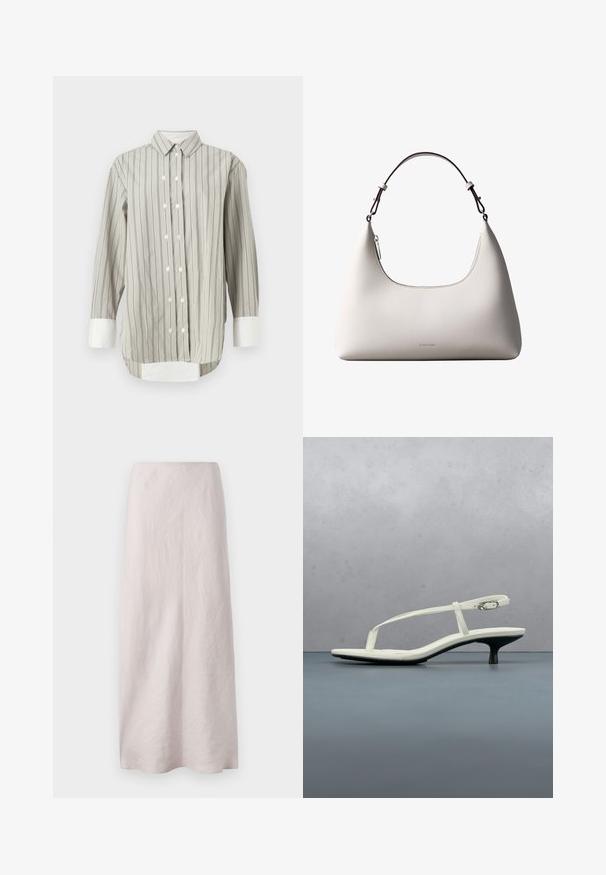 Stribet skjorte i grå og hvid, med klassisk krave, knaplukning med hvide knapper og kontrasterende hvide manchetter. Lange ærmer.; Lys pink maxi nederdel i linned med et rent, lige design. Stoffet har en let struktureret overflade og en elastisk talje.; Hvid sandal med stropper og kitten-hæl med spids tå, svævende over et trægulv udendørs med en sløret plante og væg i baggrunden.; Cremefarvet skuldertaske i læder fra Calvin Klein med buet topkant, sølvfarvet lynlås og mørkebrun justerbar rem.