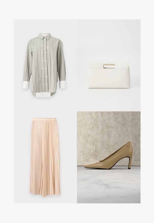Camisa a rayas en gris y blanco, con un cuello clásico, cierre de botones con botones blancos, y puños en blanco contrastante. Mangas largas.; Falda midi plisada bicolor beige con cintura elástica, que combina pliegues finos y anchos para un aspecto fluido y texturizado.; Zapato de tacón alto color beige con punta en punta y pequeño emblema dorado, colocado verticalmente sobre una superficie reflectante cerca de un organizador de archivos metálico.; Furla GIADA POUCH - Clutch - panna