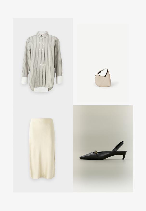 Camisa a rayas en gris y blanco, con un cuello clásico, cierre de botones con botones blancos, y puños en blanco contrastante. Mangas largas.; Falda midi de satén en amarillo pálido con una textura suave, que presenta una abertura lateral y un diseño de corte recto. Silueta simple y elegante.; Zapato de tacón bajo tipo kitten en piel negra con talón descubierto, punta puntiaguda y hebilla pequeña color dorado sobre un fondo liso.; Bolso de cuero beige en forma de media luna con una sola correa para el hombro y costuras mínimas, colocado sobre un fondo blanco liso.