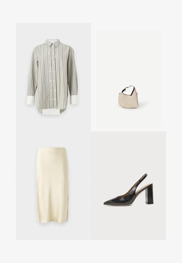 Stribet skjorte i grå og hvid, med klassisk krave, knaplukning med hvide knapper og kontrasterende hvide manchetter. Lange ærmer.; Satin midi-nederdel i lys gul med en glat tekstur, der har en sideslids og et lige snit. Enkel og elegant silhuet.; Sort læder peep-toe slingback sko med høj blokhæl og beige indvendig foring mod en ensfarvet lys baggrund.; Beige læder håndtaske i halvmåneform med en enkelt skulderrem og minimal syning, sat mod en ensartet hvid baggrund.