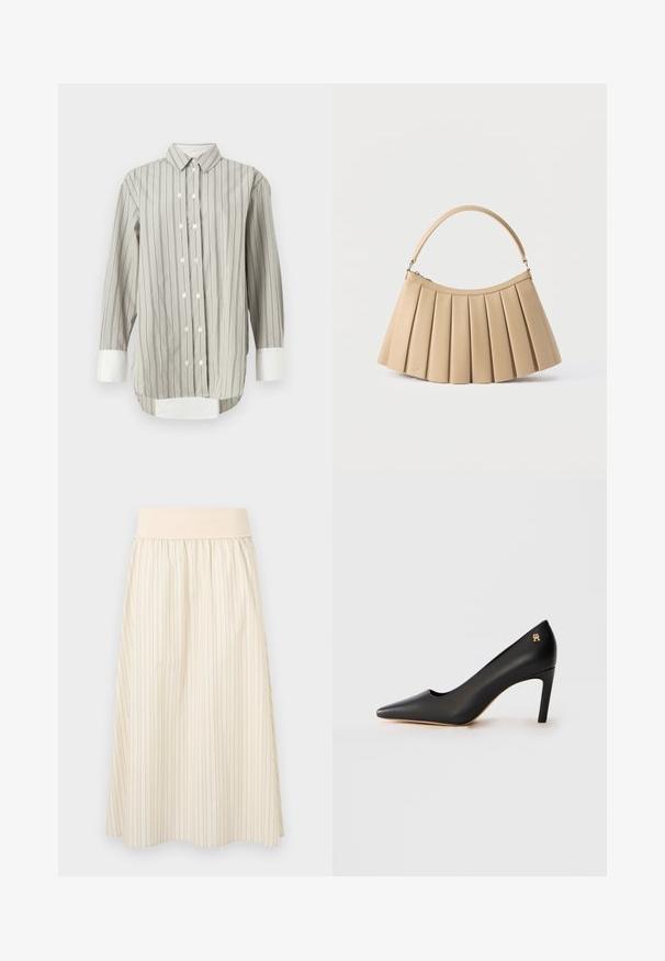 Gestreepte blouse in grijs en wit, met een klassieke kraag, knoopsluiting met witte knopen en contrasterende witte manchetten. Lange mouwen.; Crèmekleurige geplooide rok met dunne verticale strepen, voorzien van een zachte, elastische tailleband. Gemaakt van lichtgewicht stof voor comfort.; Zwarte leren pointed-toe hoge hak schoen met een mid-height stiletto hak en een klein gouden embleem nabij de hak op een witte achtergrond.; Beige plissé handtas met een gebogen bovenrits en een enkele boogvormige handgreep, weergegeven op een witte achtergrond.