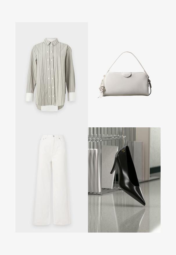 Camisa a rayas en gris y blanco, con un cuello clásico, cierre de botones con botones blancos, y puños en blanco contrastante. Mangas largas.; Jeans de mezclilla de cintura alta y pierna ancha en color blanco. Cuenta con bolsillos delanteros, un cierre de botón y detalles de dobladillo deshilachado.; Zapato de tacón alto negro con punta afilada y logo dorado, colocado sobre una superficie reflectante cerca de un organizador de archivos de alambre cromado con documentos.; Bolso rectangular blanco de Calvin Klein con un solo asa, diseño minimalista y borlas decorativas con un charm metálico geométrico en el lateral.