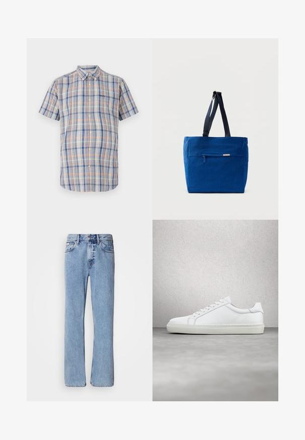 Kurzarmhemd aus Baumwollstoff mit einem karierten Muster in Blau, Orange und Gelb, mit Button-Down-Kragen und einer Brusttasche.; Hellblaue Jeans aus Denim mit geradem Bein, fünf Taschen und Knopfverschluss. Nähte in der Nähe der Taschen und des Bundes.; Weißer Sneaker mit glattem Lederobermaterial und niedrigem Profil. Verfügt über eine runde Zehenpartie, sechs Ösen und eine strukturierte Gummisohle.; Blaue Canvas-Einkaufstasche mit einer vorderen Reißverschlusstasche, doppelten Schulterriemen und rechteckiger Form. Verfügt über ein dezentes Markenlabel.