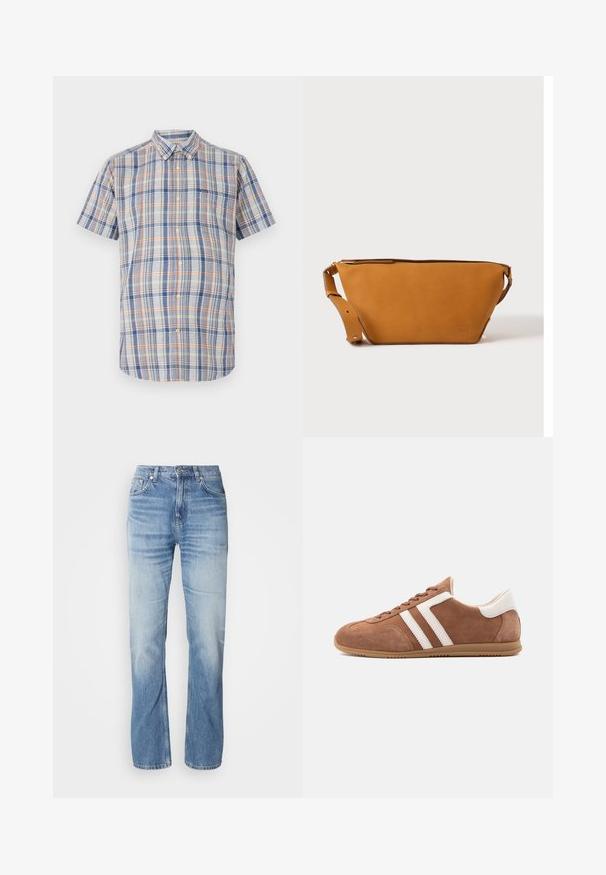 Kurzarmhemd aus Baumwollstoff mit einem karierten Muster in Blau, Orange und Gelb, mit Button-Down-Kragen und einer Brusttasche.; Hellblaue Jeans aus Denim mit geradem Bein, verblasstem Finish, fünf Taschen und Knopfverschluss. Klassisches Design und mittlere Dicke.; Brauner Wildledersneaker mit weißen Lederstreifen und Fersenlasche, beiger Gummisohle und Schnürverschluss, seitlich auf weißem Hintergrund gezeigt.; Hellbraune Leder-Umhängetasche mit verstellbarem Schulterriemen und Reißverschluss, vor einem schlichten hellen Hintergrund gezeigt.