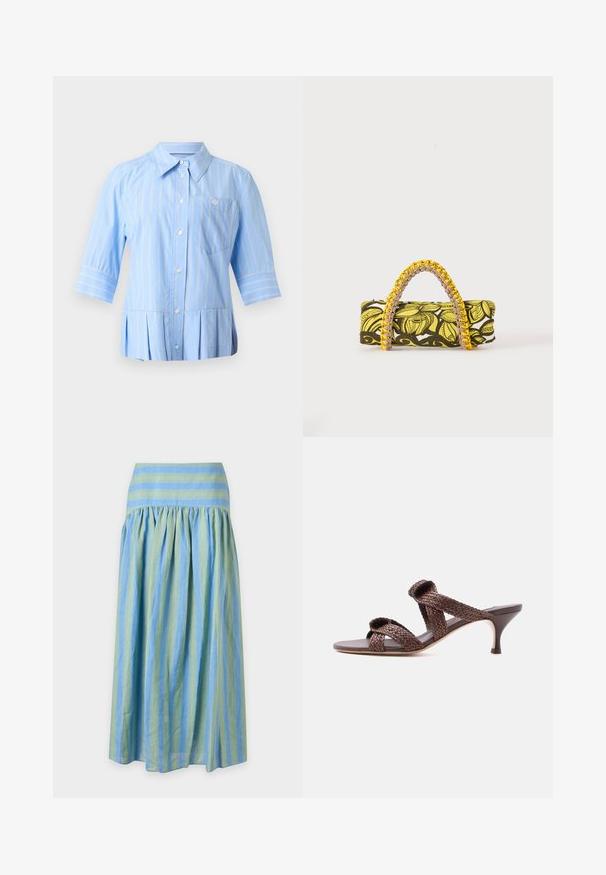 Light blue button-up shirt with white vertical stripes, three-quarter sleeves, pointed collar, chest pocket, and pleated hem.; Long skirt with vertical green and blue stripes, gathered below a horizontally striped waistband in matching colors.; Brown woven leather slide sandal with two straps and a low kitten heel on a plain white background.; Rectangular bag with yellow and black floral pattern and braided yellow and pink handle on white background.