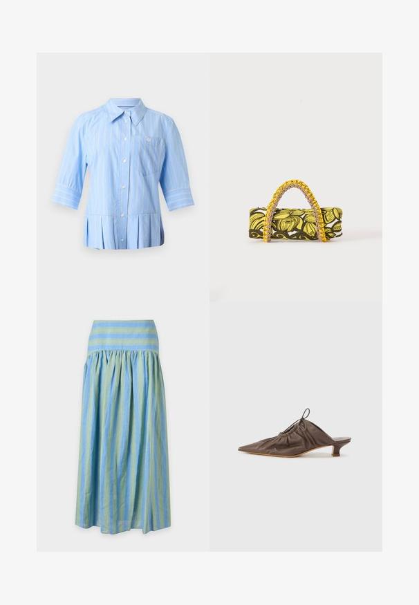 Chemise bleu clair boutonnée avec rayures verticales blanches, manches trois-quarts, col pointu, poche poitrine et ourlet plissé.; Jupe longue avec des rayures verticales vertes et bleues, froncée sous une ceinture rayée horizontalement aux couleurs assorties.; Mule en cuir marron avec un bout pointu, texture froncée, petit talon et un accent de cordon de serrage à l'ouverture. Fini lisse.; Sac rectangulaire avec motif floral jaune et noir et anse tressée jaune et rose sur fond blanc.